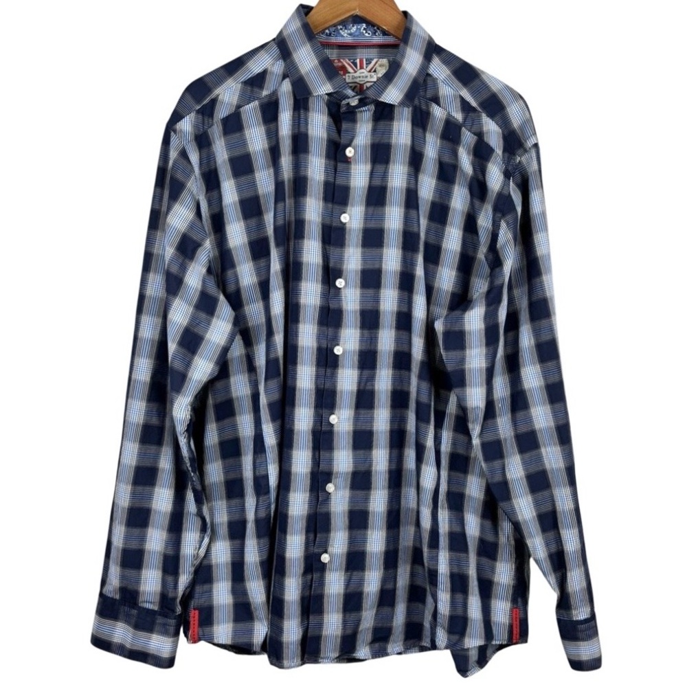 7 Downie Street Blue Check Plaid Button Down Cotton Dress Shirt 8 Fits XXL
